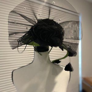 Straw/Silk/Mesh Green/Black Fascinator Hat from Fleur De Paris New Orleans